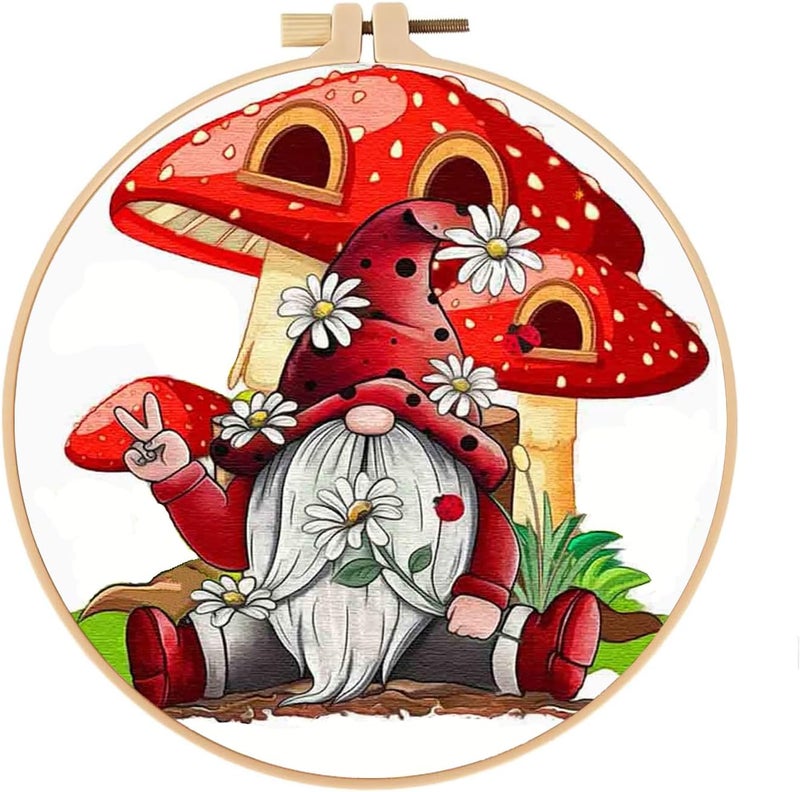 Tiwabb Stamped Cross Stitch Kits for Adults with Frame - Gnome Mushroom Embroidery Kits for Beginners Adults,11 CT Patterns Dimensions Counted Cross Stitch Kits Arts Craft Kits 8 x 8 inch - Image 1